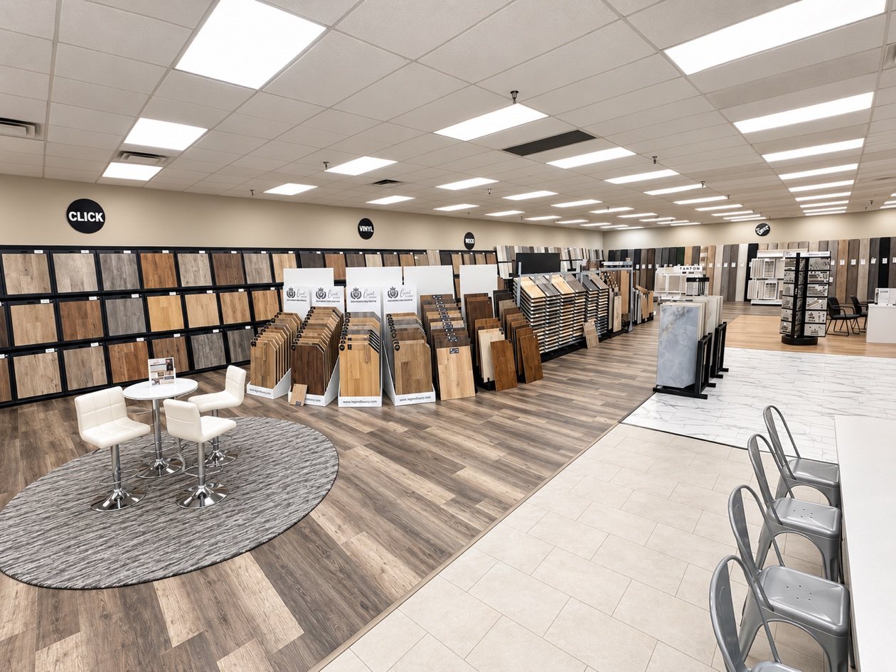 Inside the Floor Pro showroom — flooring displays and installed floors at 4020 W Reno Ave, Oklahoma City
